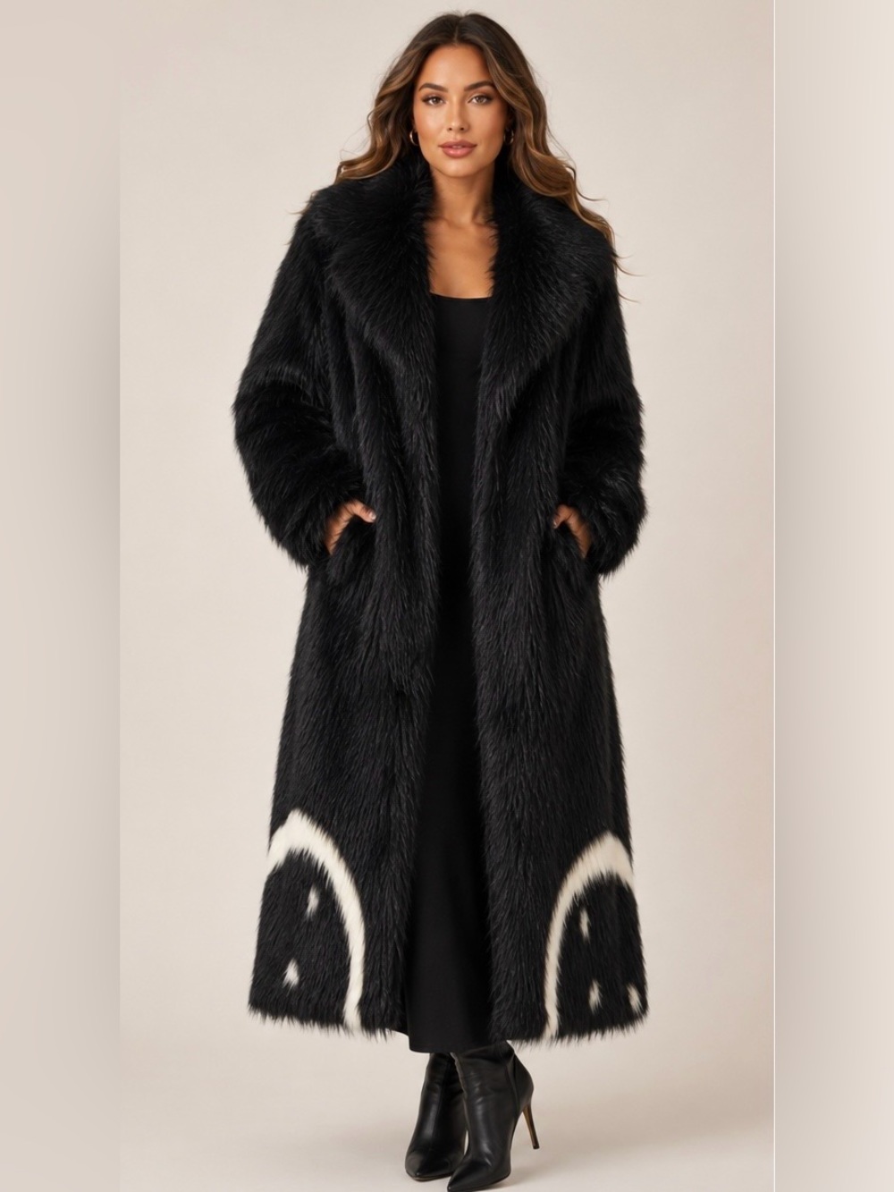 Dream Angel Faux Fur Coat XL Black White Statement Vintage Glam Winter Coat